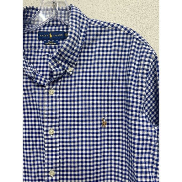 Ralph Lauren Slim Fit Stretch Oxford Button Up Shirt Mens XXL Blue Gingham Check - Picture 2 of 5